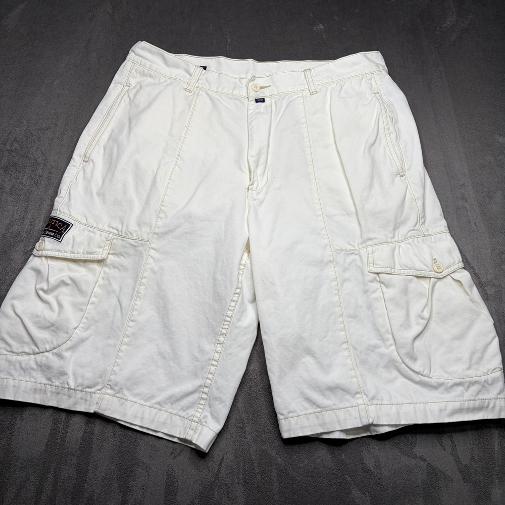 Nautica Cargo Shorts Mens 36 White Marine Denim Co Cotton Relaxed Utility 90s